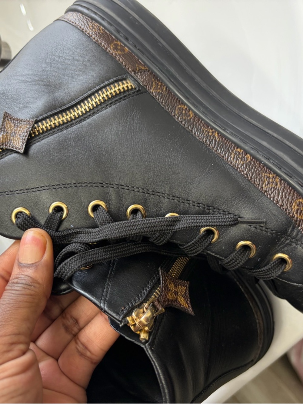 Authentic Louis Vuitton Black Leather High-Top Sneakers with Monogram Trim - Picture 10 of 14